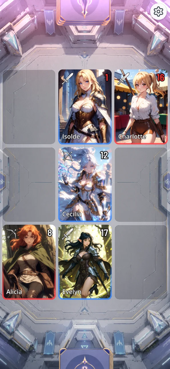 Écran de combat de Battle Maidens : des cartes de personnages placées sur une grille de trois par trois.